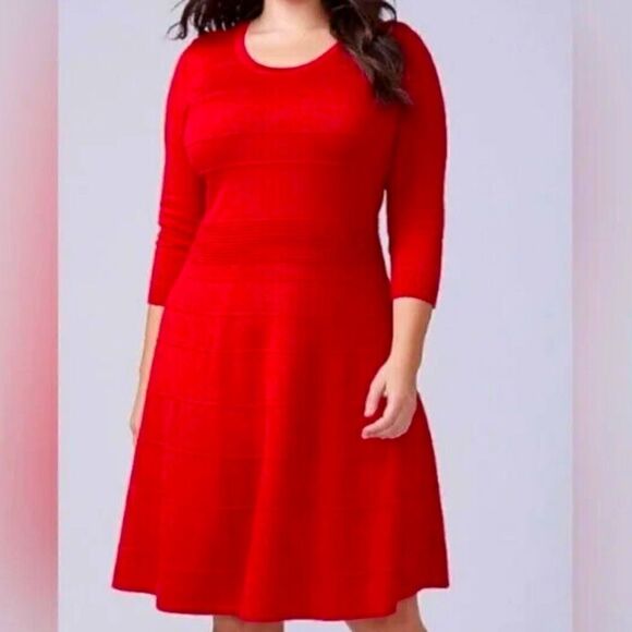 LANE BRYANT 22-24 Lane Bryant Red 3/4 Sleeve Fit N Flare Sweater Dress ScoopNeck - Picture 1 of 5